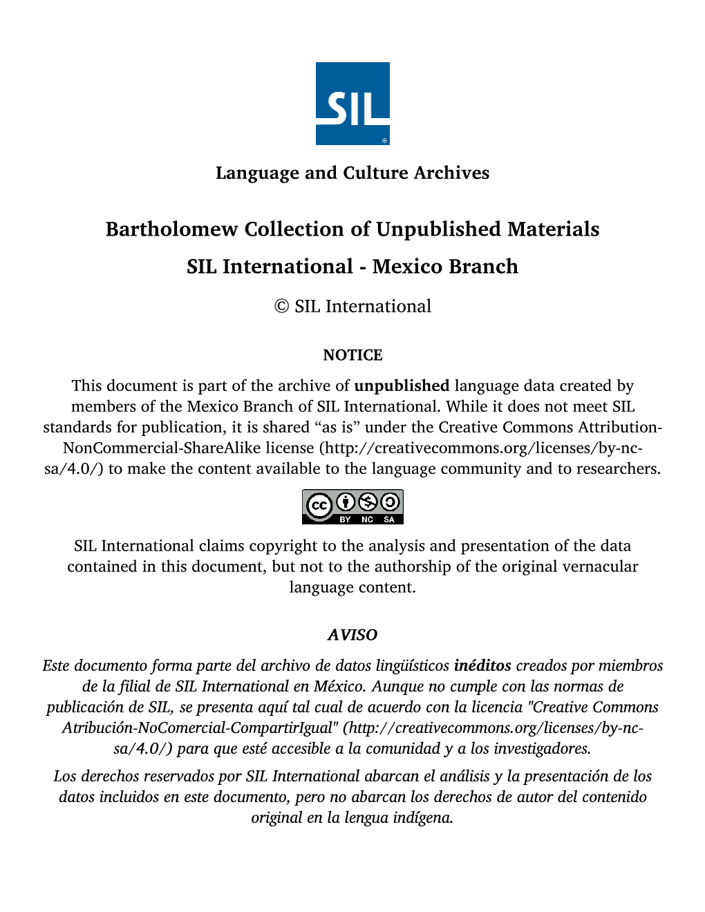 Bartholomew Collection of Unpublished Materials SIL International - Mexico Branch