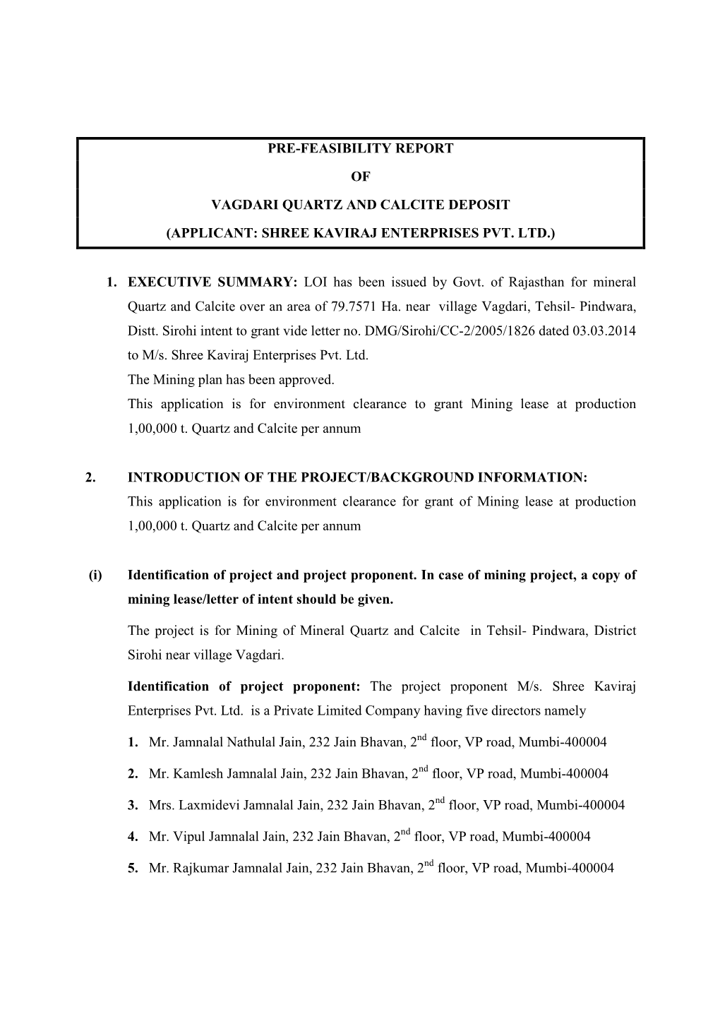 Annexure- Pre- Feasibility Report (PFR) File