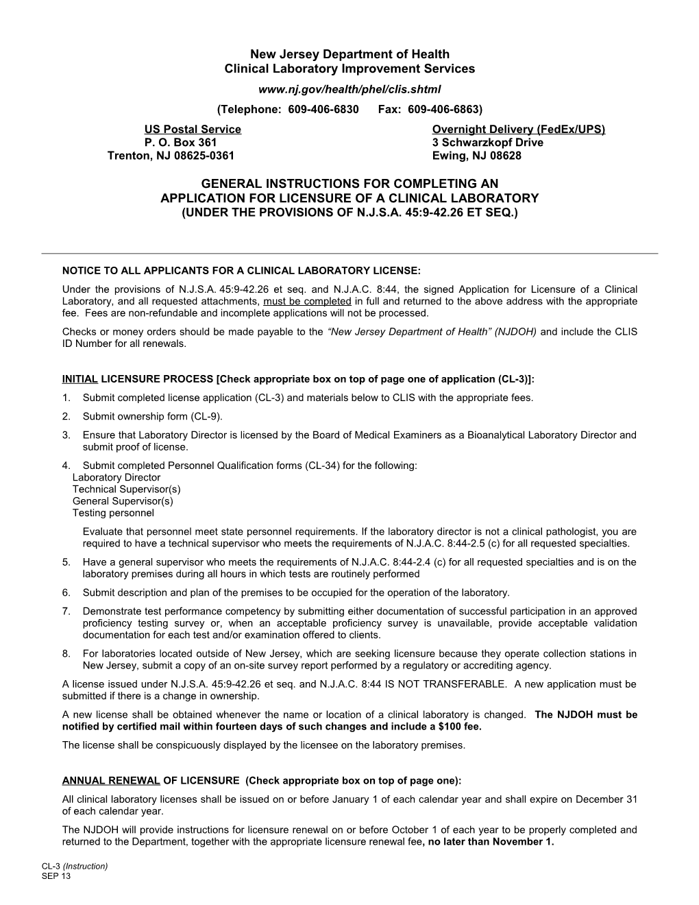 CL-3, Application for Clinical Lab License