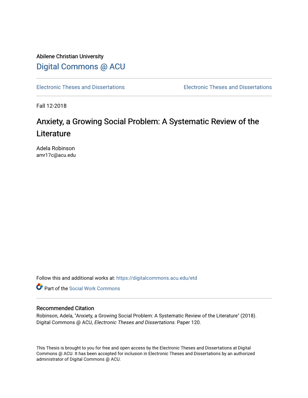 Anxiety, a Growing Social Problem: a Systematic Review of the Literature