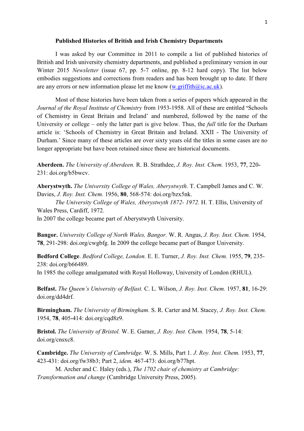 Published Histories of British and Irish Chemistry Departments I Was Asked