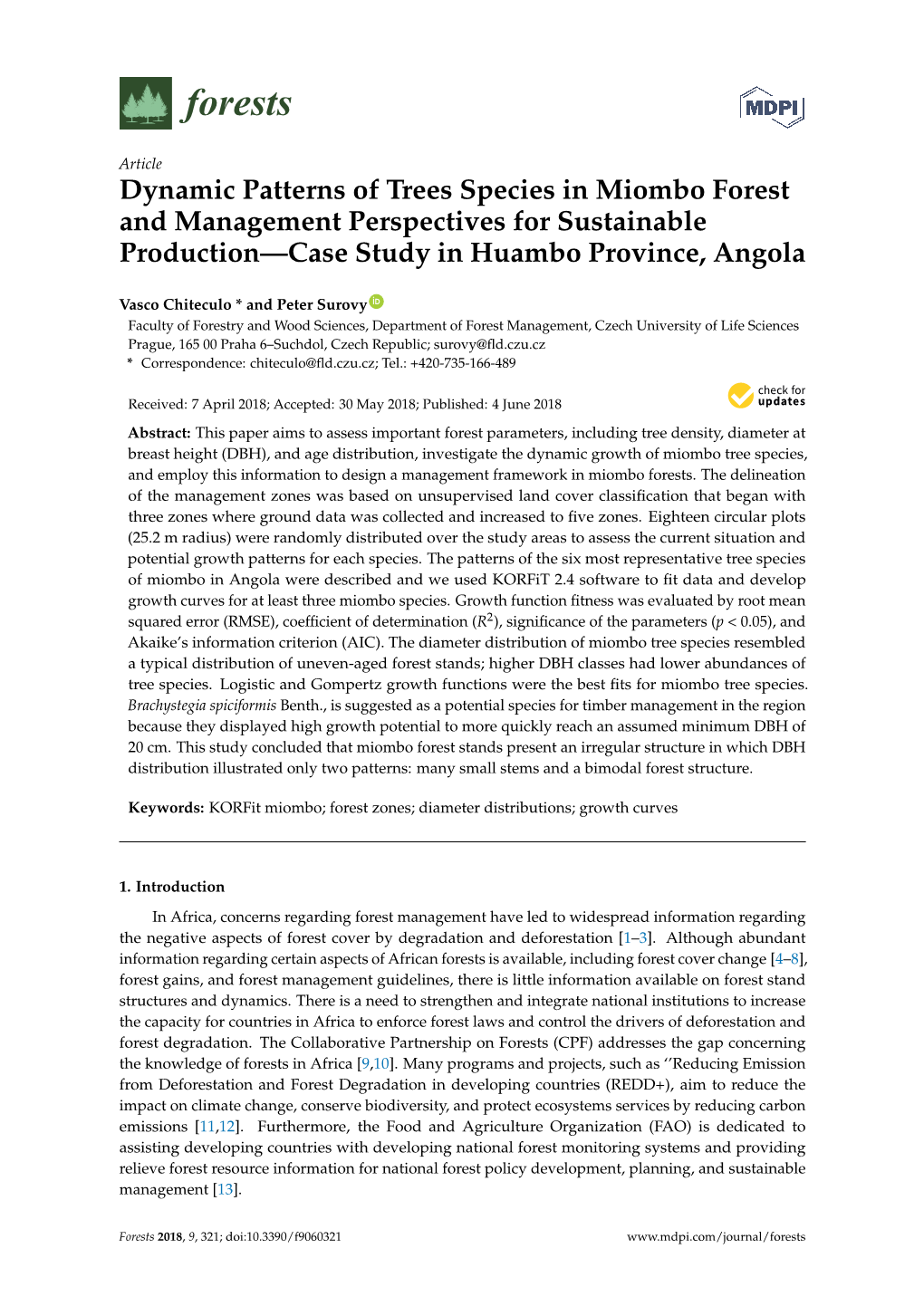 Dynamic Patterns of Trees Species in Miombo Forest and Management Perspectives for Sustainable Production—Case Study in Huambo Province, Angola