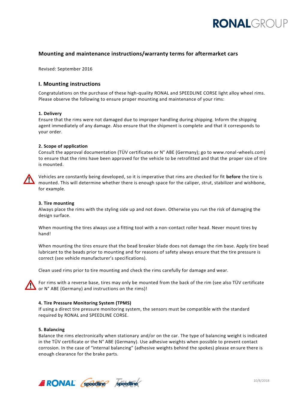 Mounting and Maintenance Instructions/Warranty Terms for Aftermarket Cars