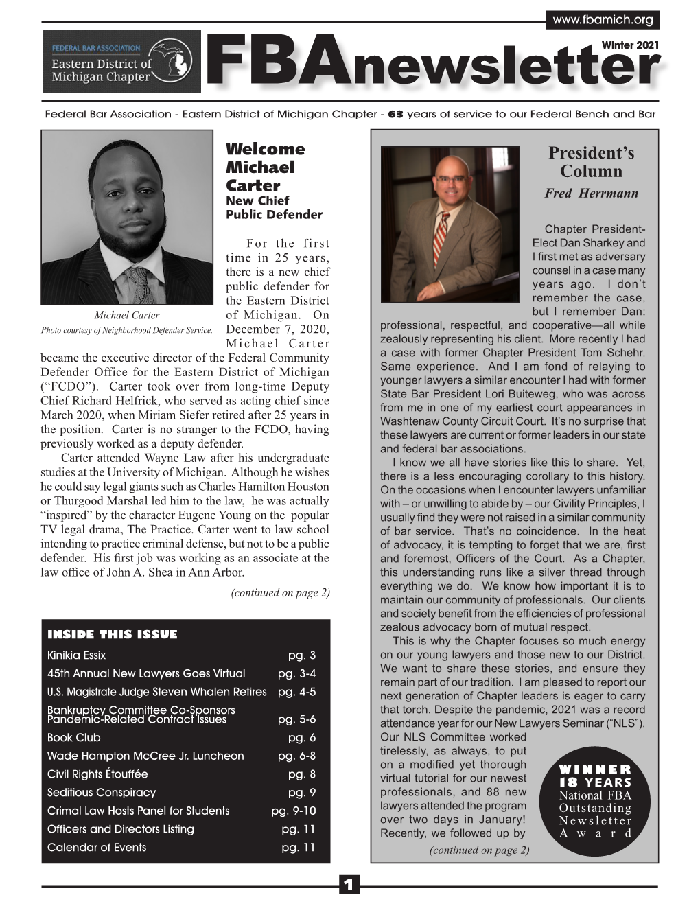 Winter 2021 Fbanewsletter Federal Bar Association - Eastern District of Michigan Chapter - 63 Years of Service to Our Federal Bench and Bar