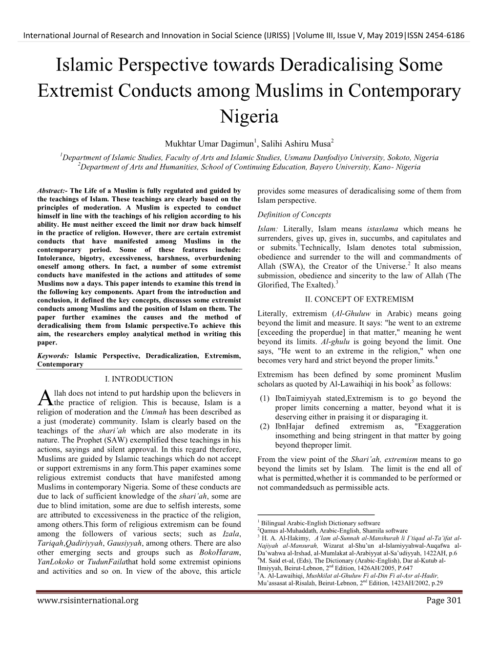 Islamic Perspective Towards Deradicalising Some Extremist Conducts Among Muslims in Contemporary Nigeria