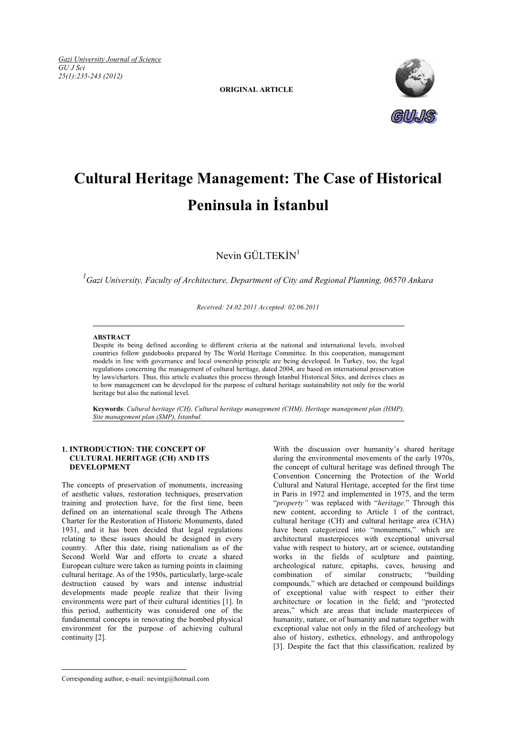 Cultural Heritage Management: the Case of Historical Peninsula in İstanbul