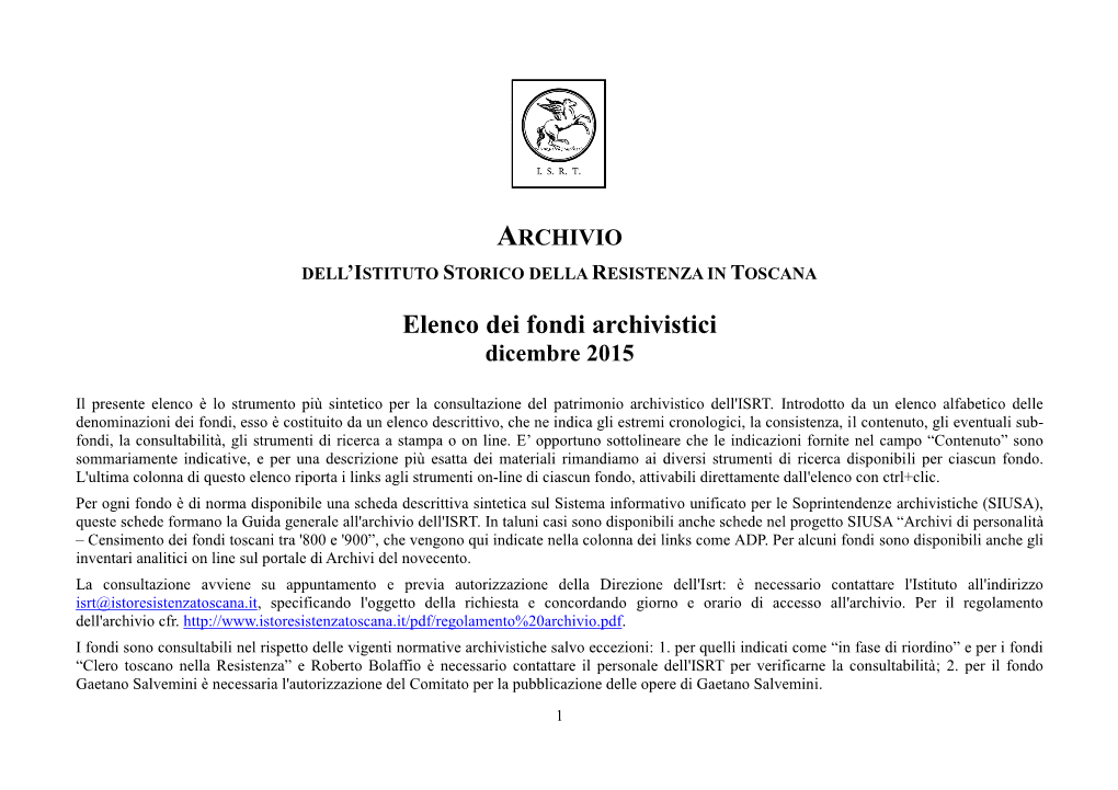 Elenco Dei Fondi Archivistici Dicembre 2015