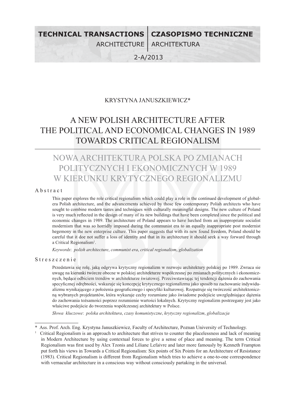 A New Polish Architecture After the Political and Economical Changes in 1989 Towards Critical Regionalism