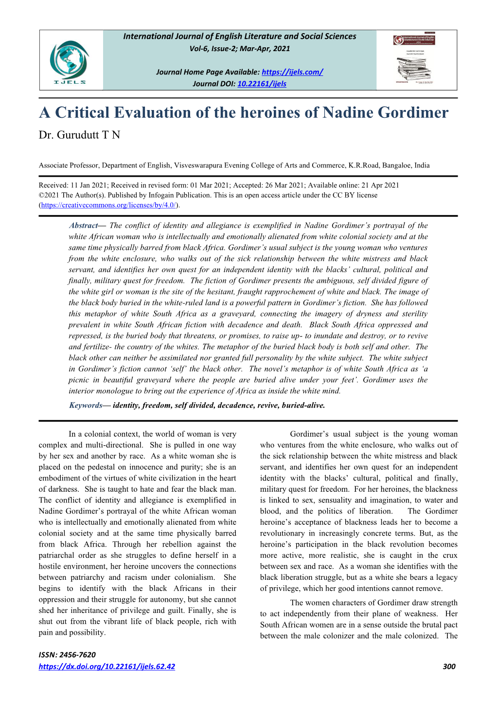 A Critical Evaluation of the Heroines of Nadine Gordimer Dr