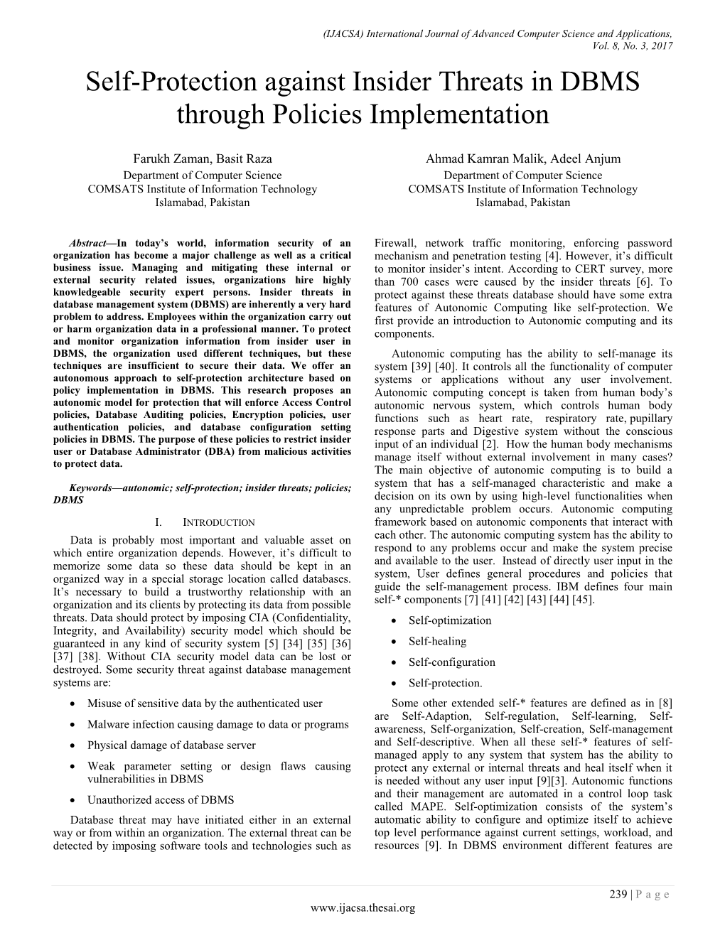 Self-Protection Against Insider Threats in DBMS Through Policies Implementation