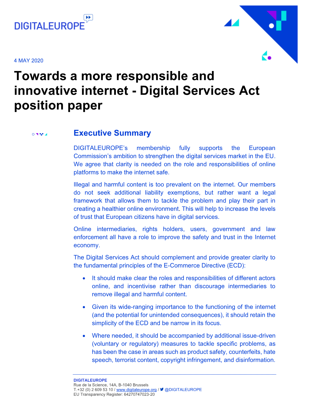 Towards a More Responsible and Innovative Internet - Digital Services Act Position Paper