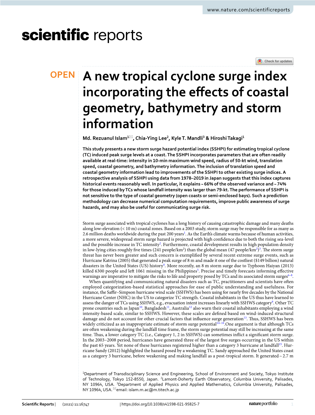 A New Tropical Cyclone Surge Index Incorporating the Effects of Coastal