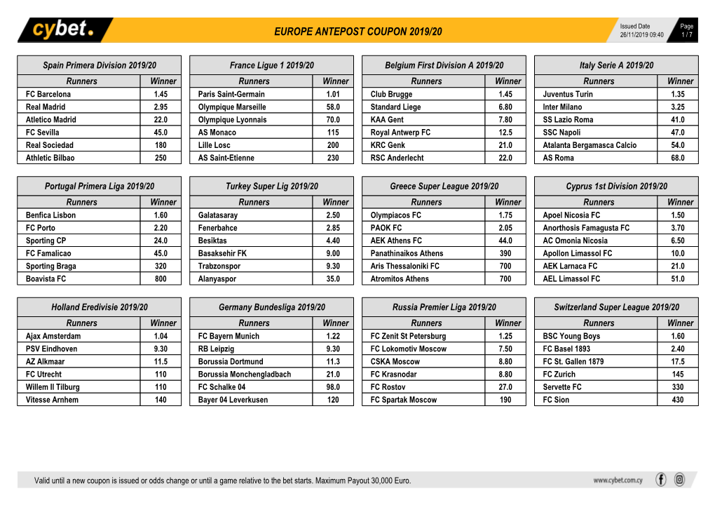 Europe Antepost Coupon 2019/20 26/11/2019 09:40 1 / 7