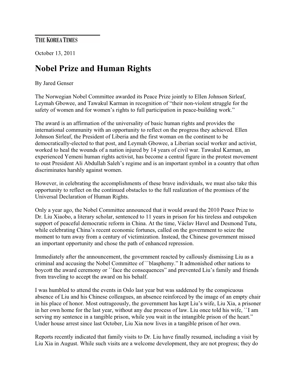 Nobel Prize and Human Rights