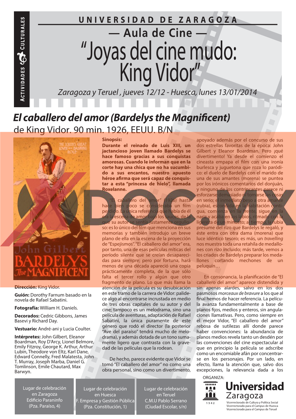 “Joyas Del Cine Mudo: King Vidor” Zaragoza Y Teruel , Jueves 12/12 - Huesca, Lunes 13/01/2014