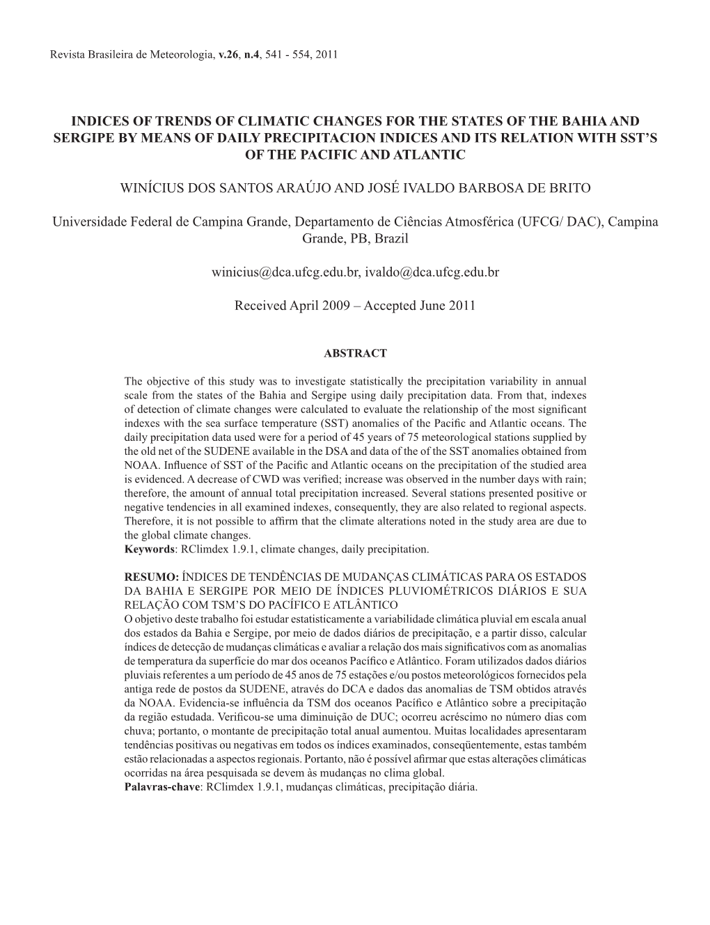 Indices of Trends of Climatic Changes for the States of the Bahia