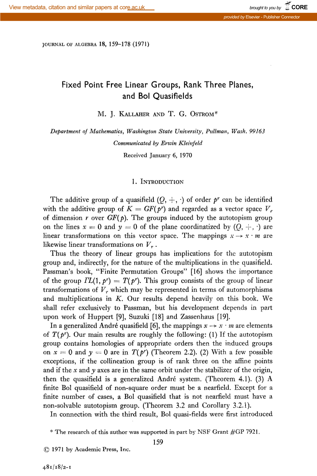 Fixed Point Free Linear Groups, Rank Three Planes, and Bol Quasifields