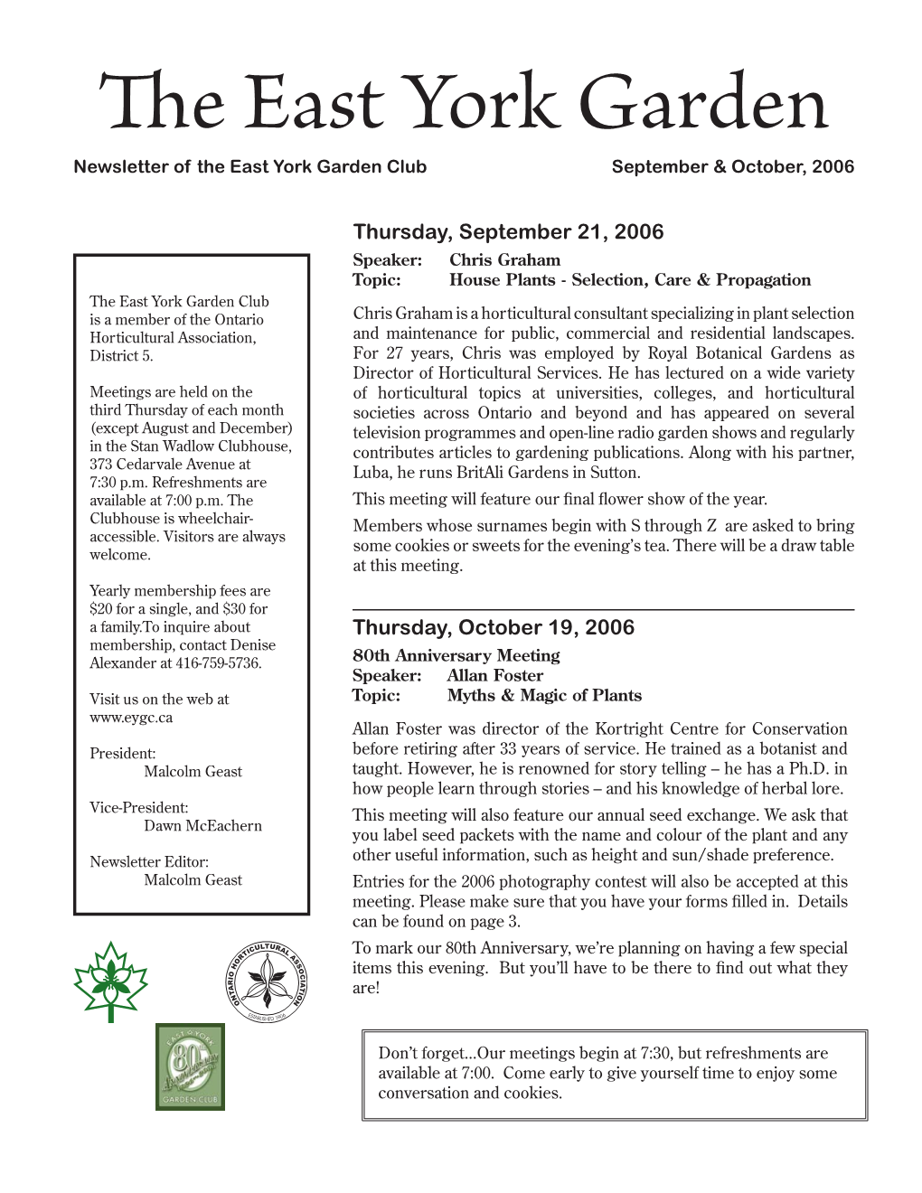The East York Garden Newsletter of the East York Garden Club September & October, 2006
