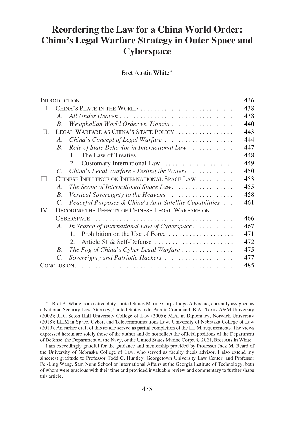 Reordering the Law for a China World Order: China's Legal Warfare Strategy in Outer Space and Cyberspace