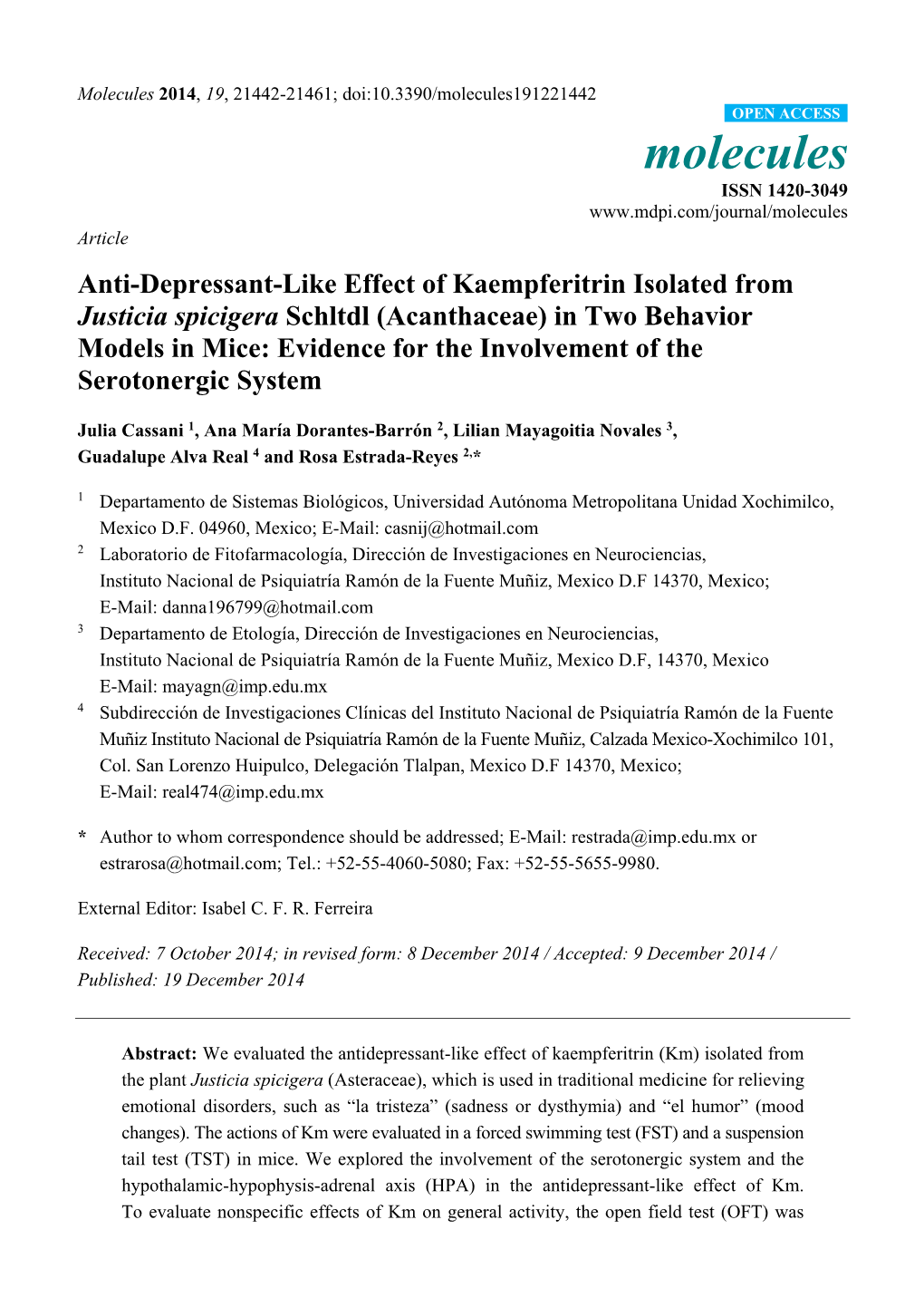 Anti-Depressant-Like Effect of Kaempferitrin