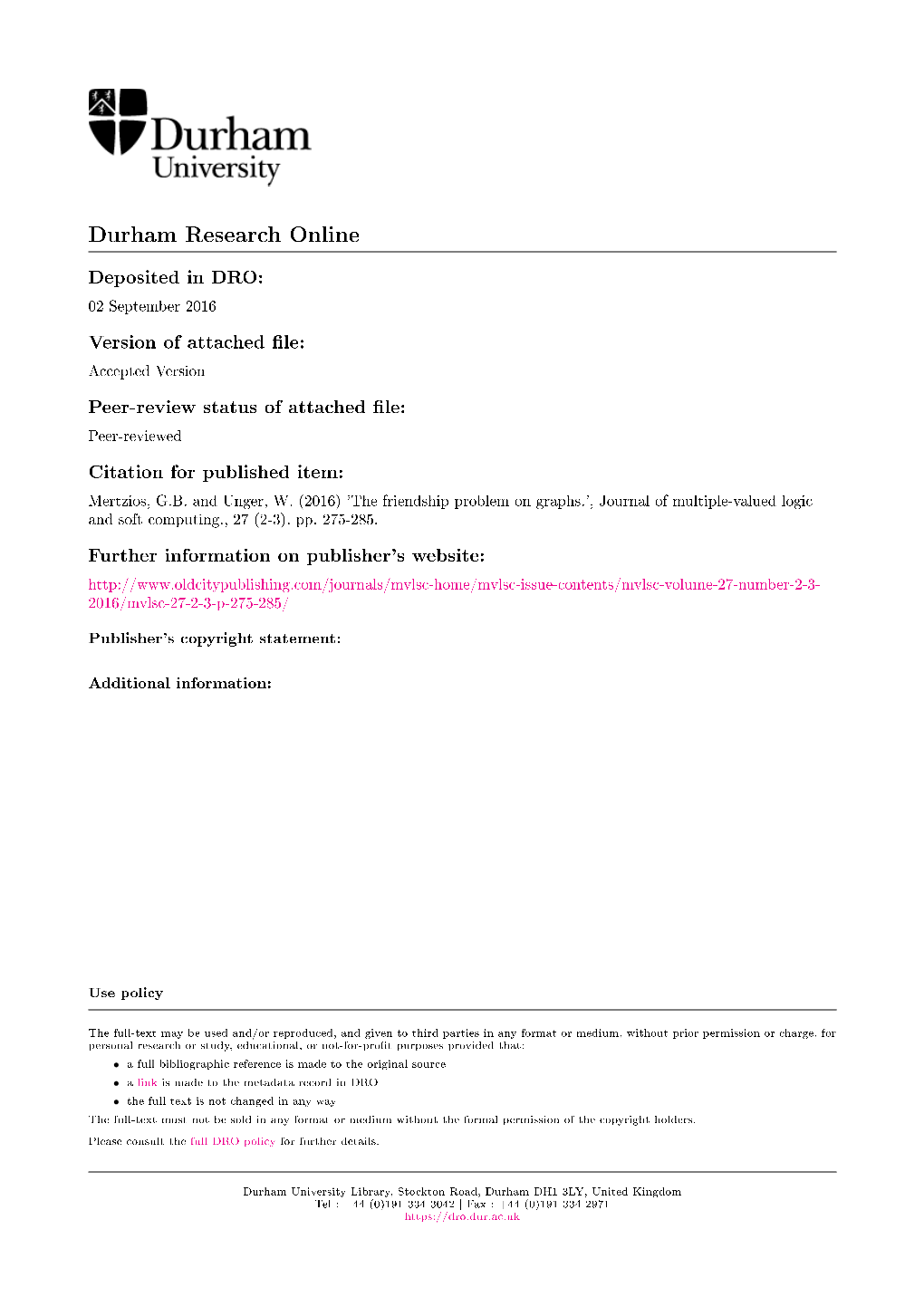 The Friendship Problem on Graphs.', Journal of Multiple-Valued Logic and Soft Computing., 27 (2-3)