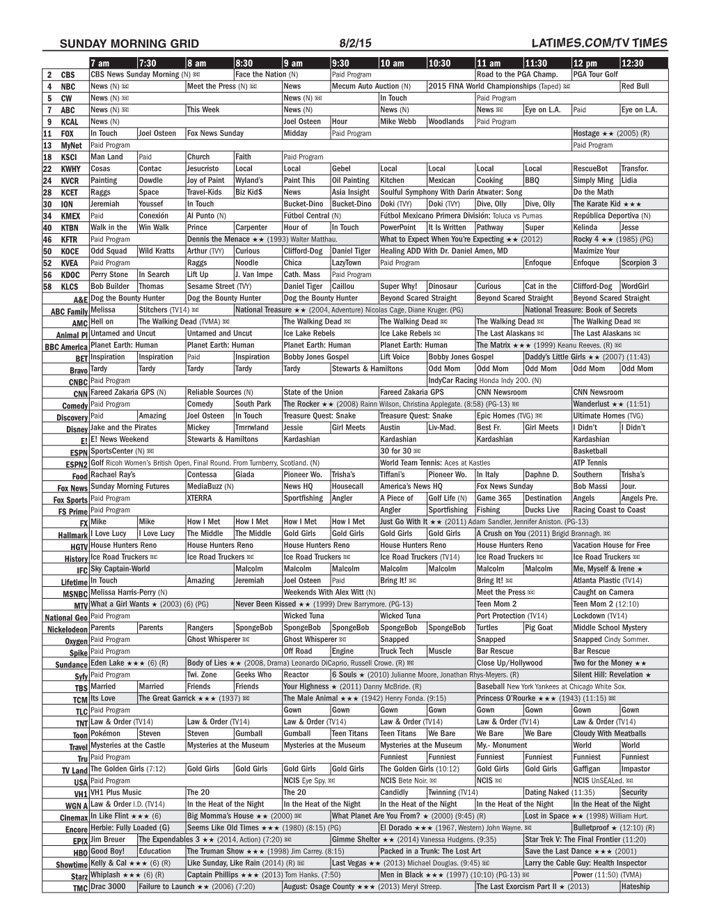 Sunday Morning Grid 8/2/15 Latimes.Com/Tv Times