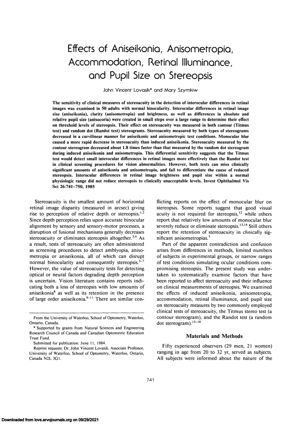 Effects of Aniseikonia, Anisometropia, Accommodation, Retinal Illuminance, and Pupil Size on Stereopsis