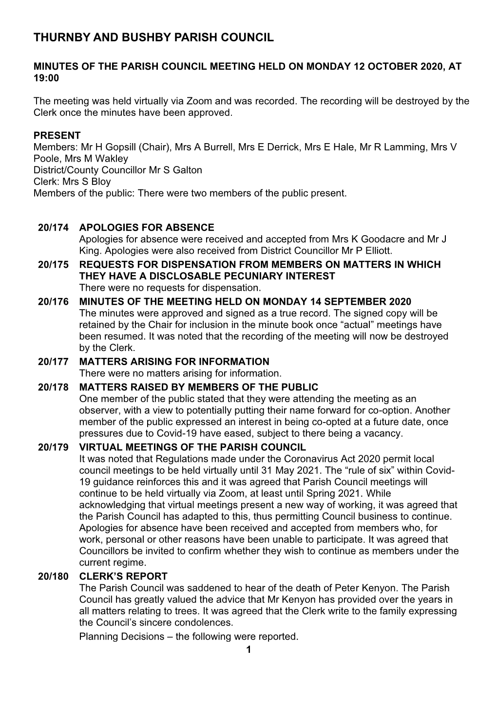 Parish Council Minutes 2020 10 12