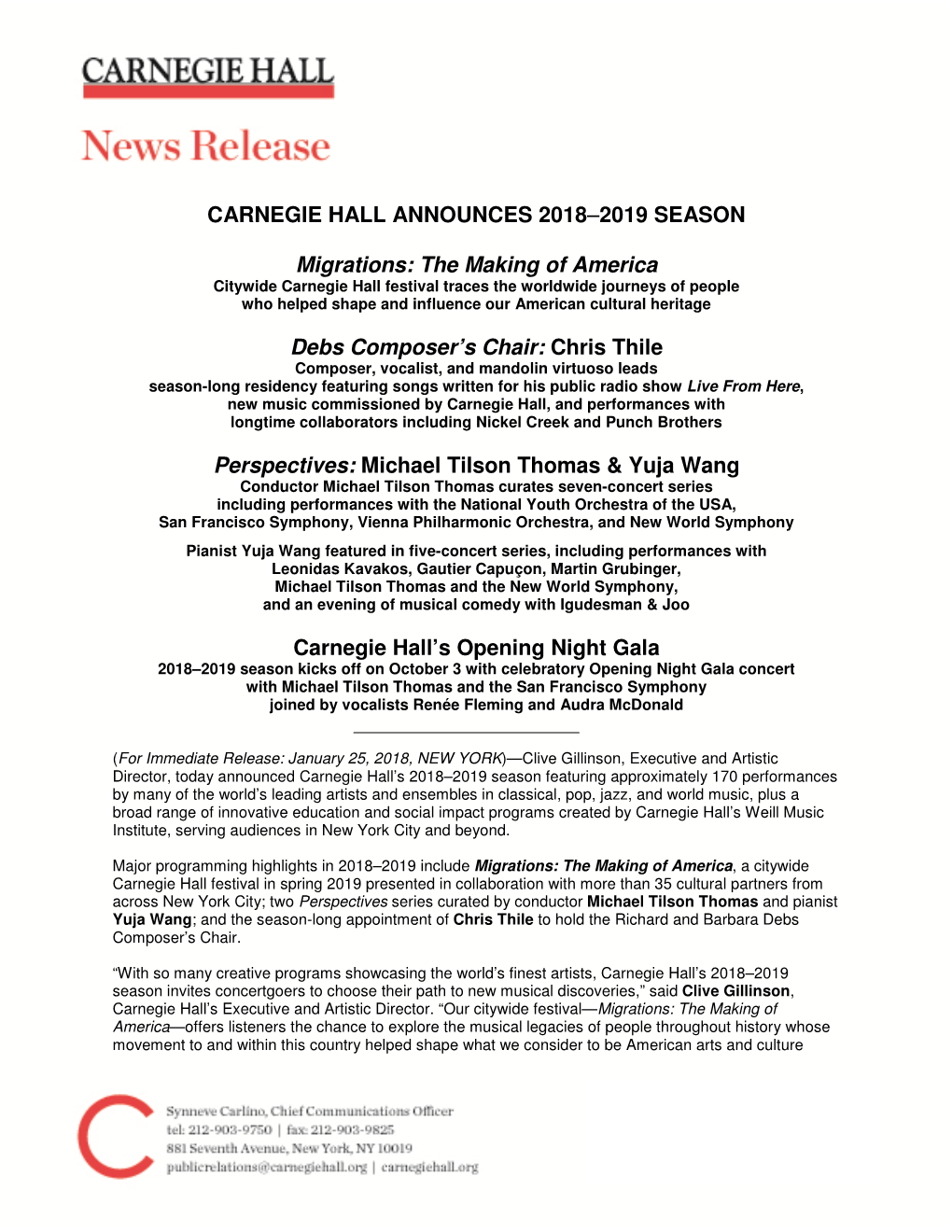 CARNEGIE HALL ANNOUNCES 2018–2019 SEASON Migrations: The