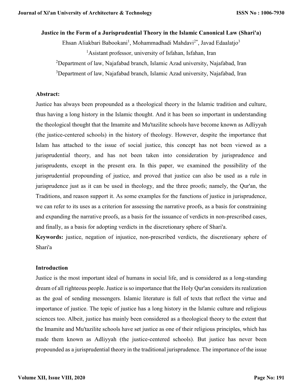 Justice in the Form of a Jurisprudential Theory in the Islamic Canonical