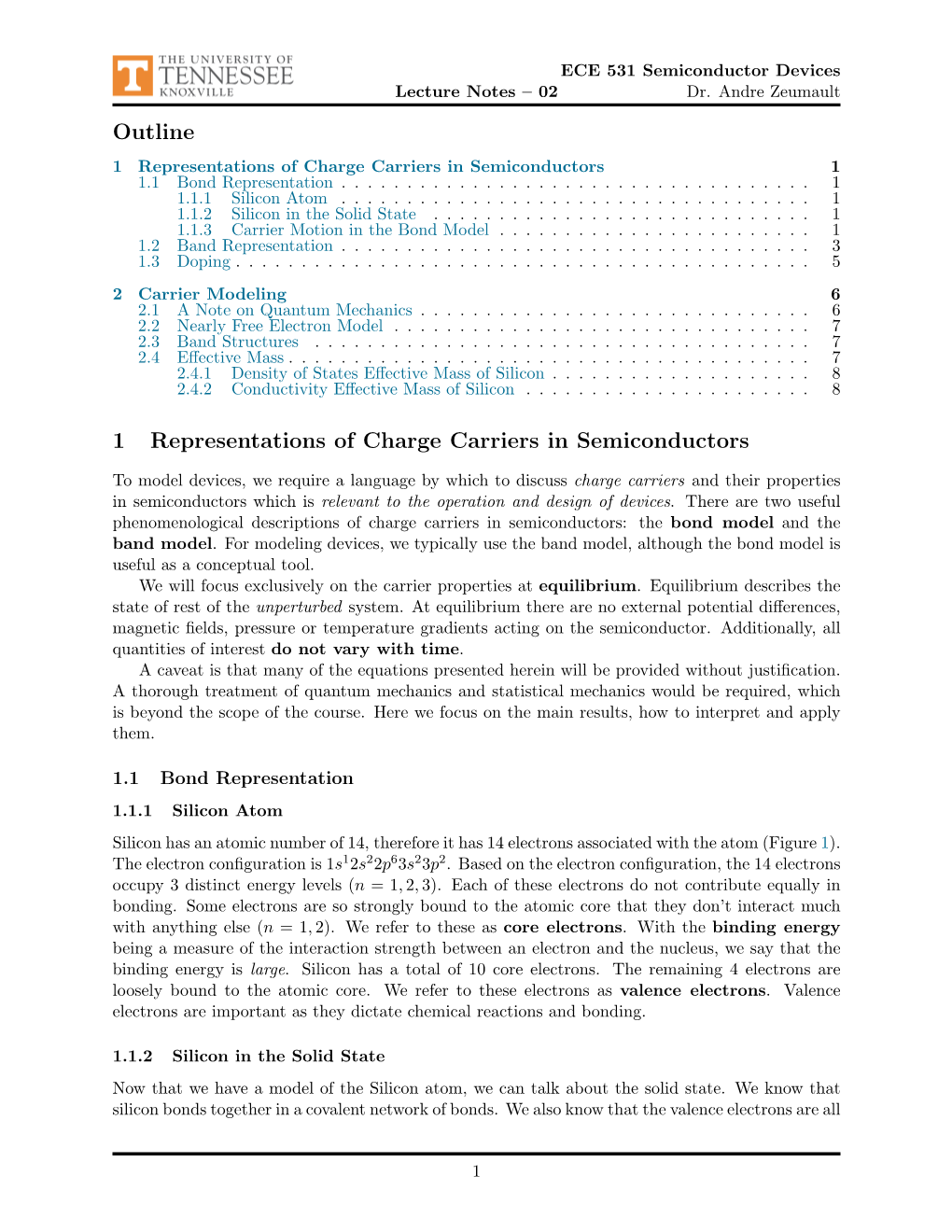 Outline 1 Representations of Charge Carriers in Semiconductors1 1.1 Bond Representation