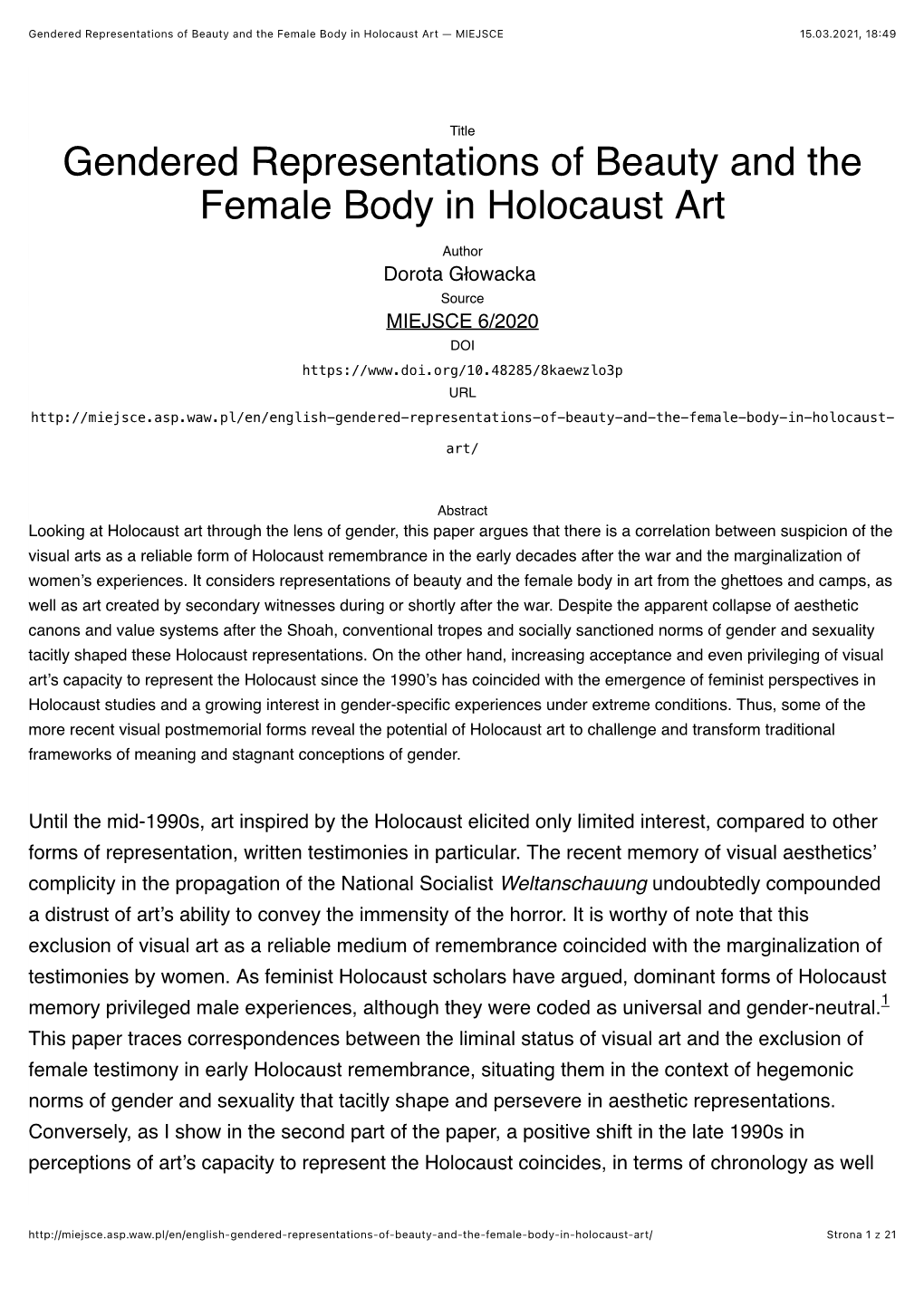 Gendered Representations of Beauty and the Female Body in Holocaust Art — MIEJSCE 15.03.2021, 18:49