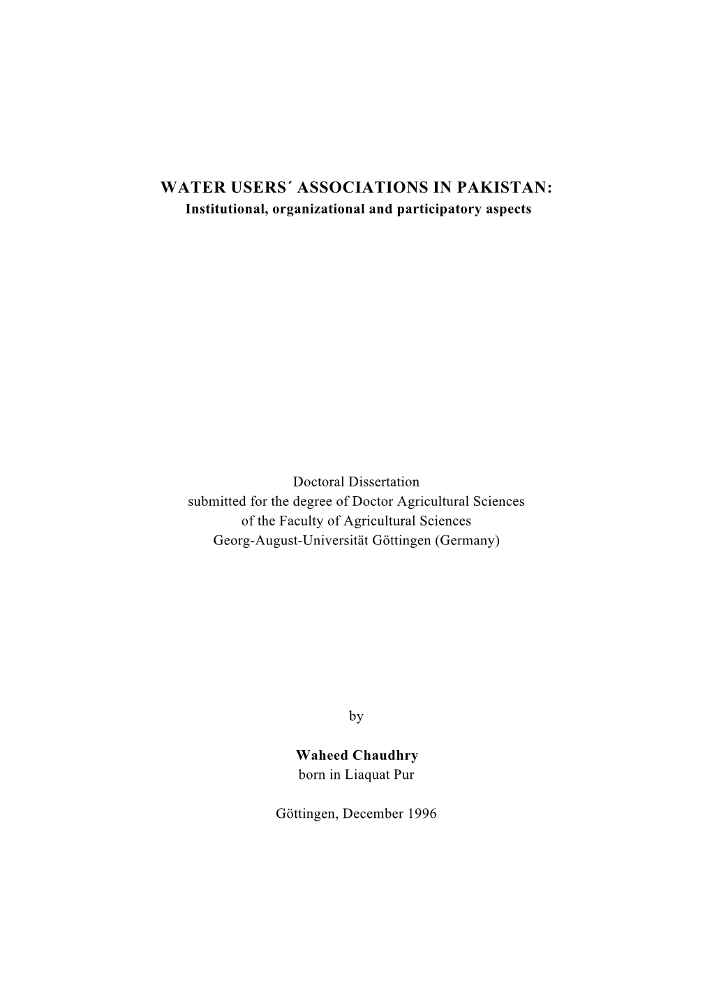 WATER USERS´ ASSOCIATIONS in PAKISTAN: Institutional, Organizational and Participatory Aspects