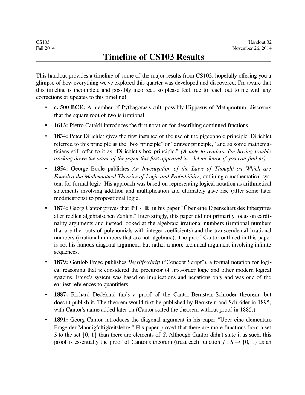 Timeline of CS103 Results