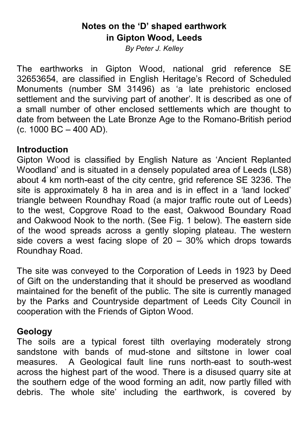 Notes on the 'D' Shaped Earthwork in Gipton