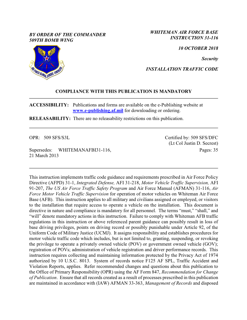 By Order of the Commander 509Th Bomb Wing Whiteman