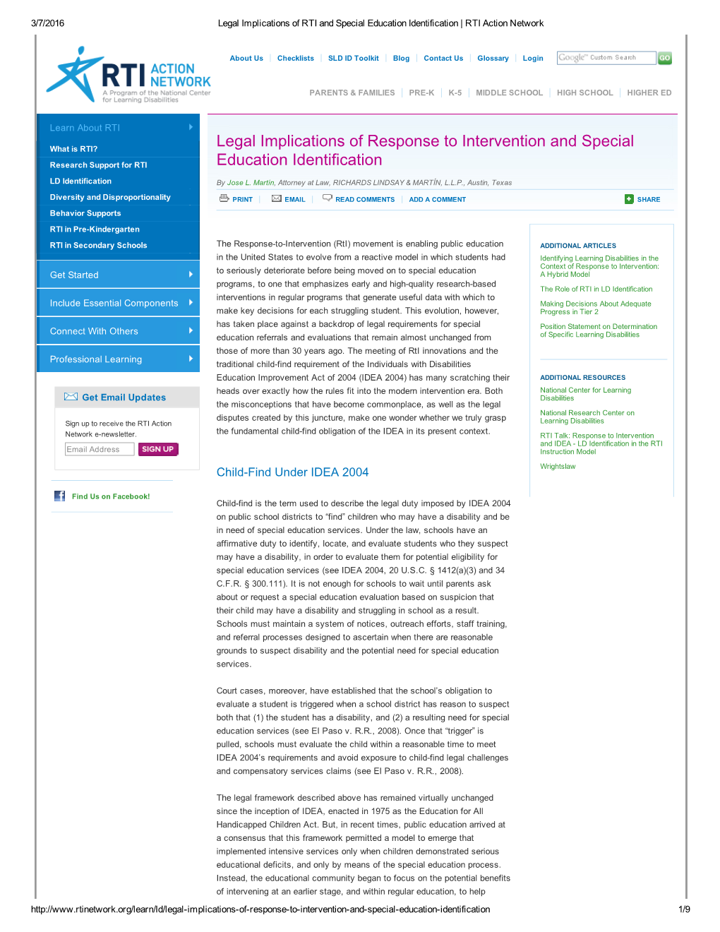 Legal Implications of Response to Intervention and Special Education