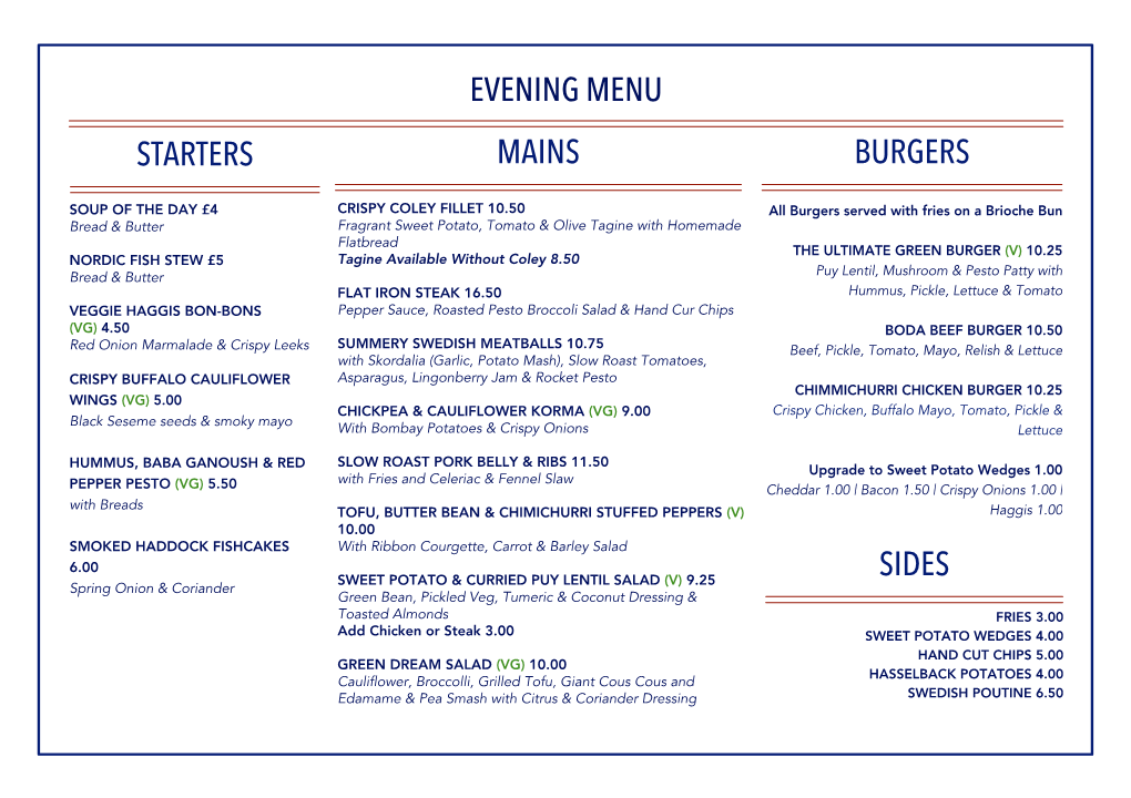 Evening Menu Starters Burgers Sides Mains