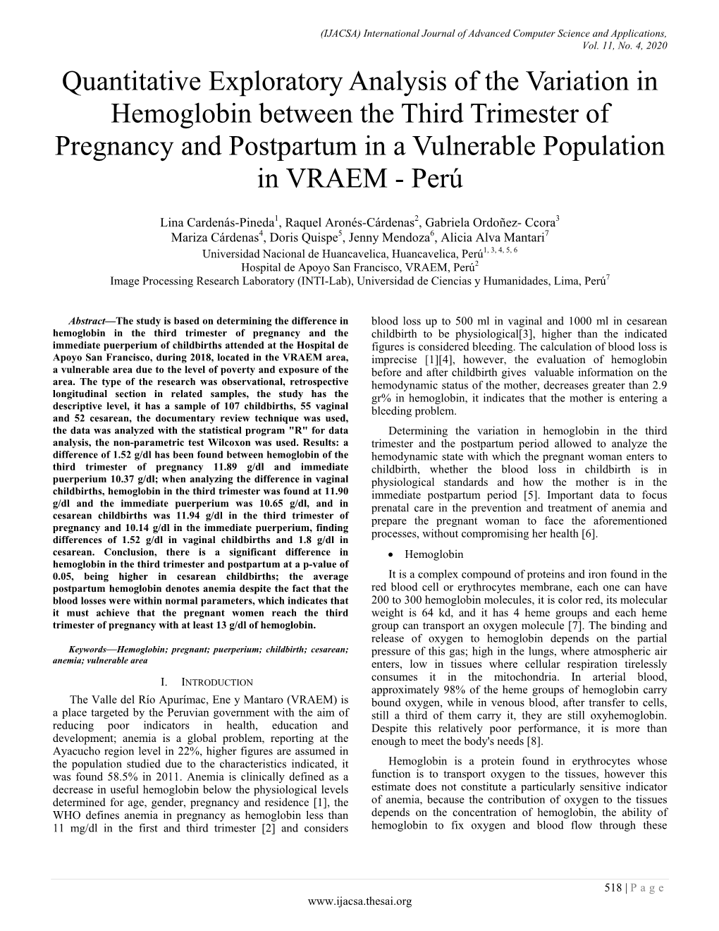 Quantitative Exploratory Analysis of the Variation in Hemoglobin Between the Third Trimester of Pregnancy and Postpartum in a Vulnerable Population in VRAEM - Perú