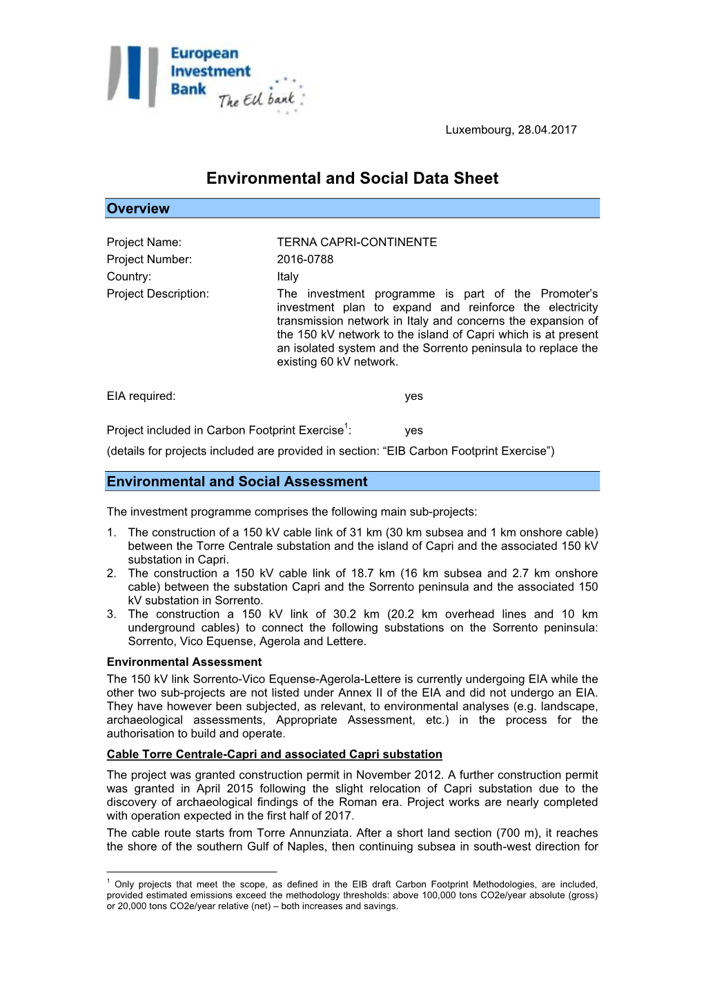 Environmental and Social Data Sheet