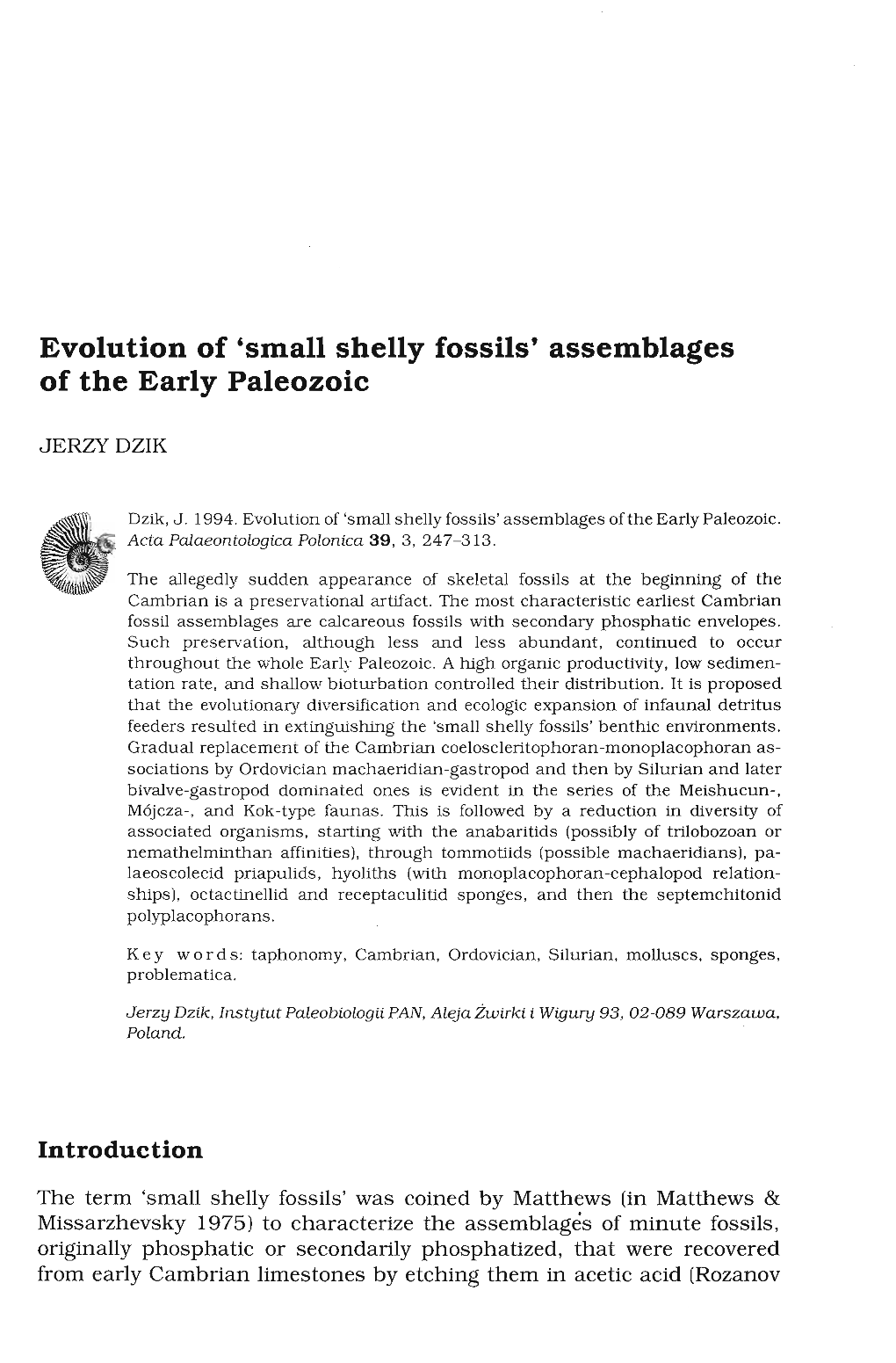 Evolution of 'Small Shelly Fossils' Assemblages of the Early Paleozoic