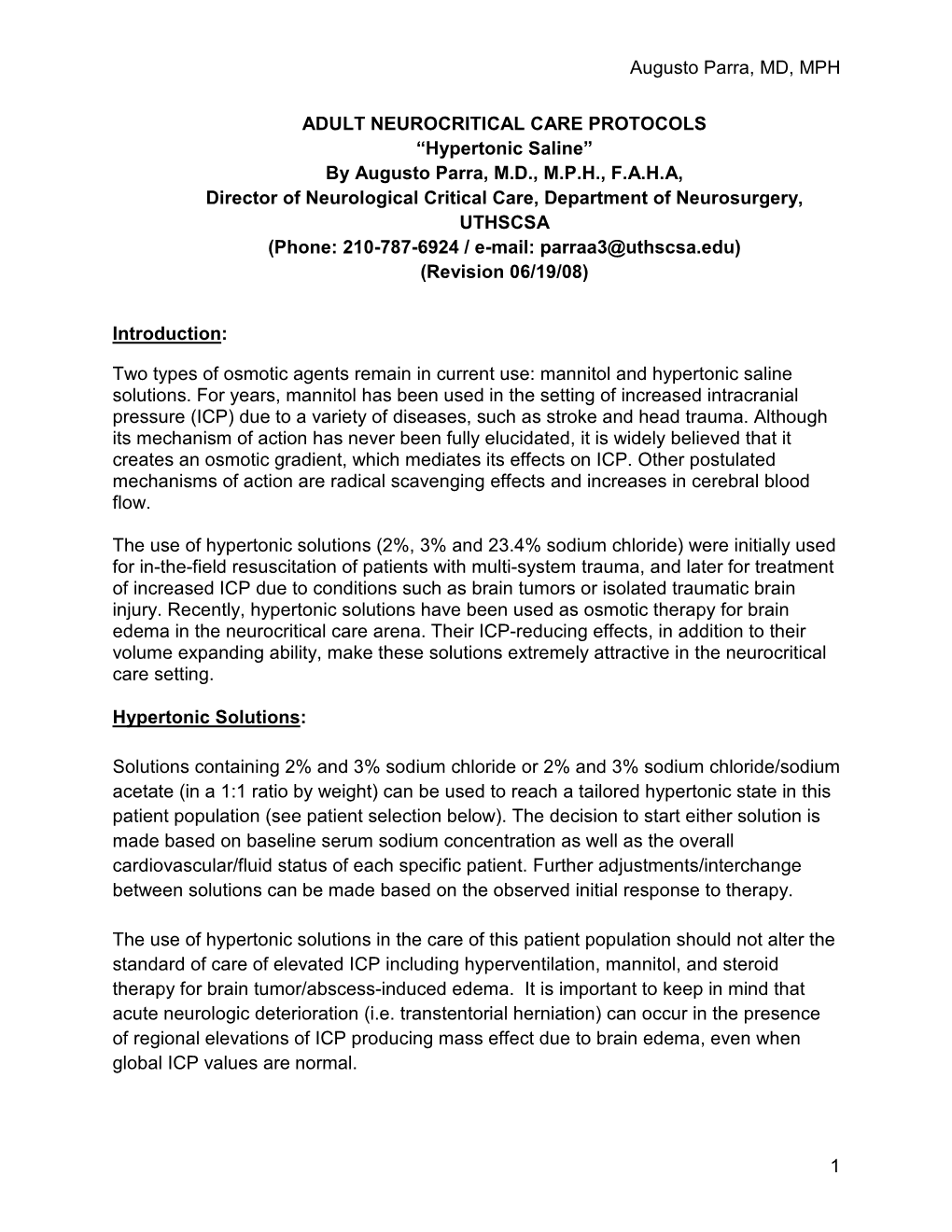 Hypertonic Saline Protocol & Algorithms 6-19-08