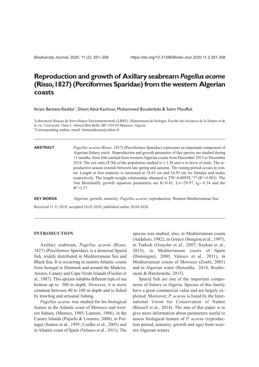 Reproduction and Growth of Axillary Seabream Pagellus Acarne (Risso, 1827) (Perciformes Sparidae) from the Western Algerian Coasts