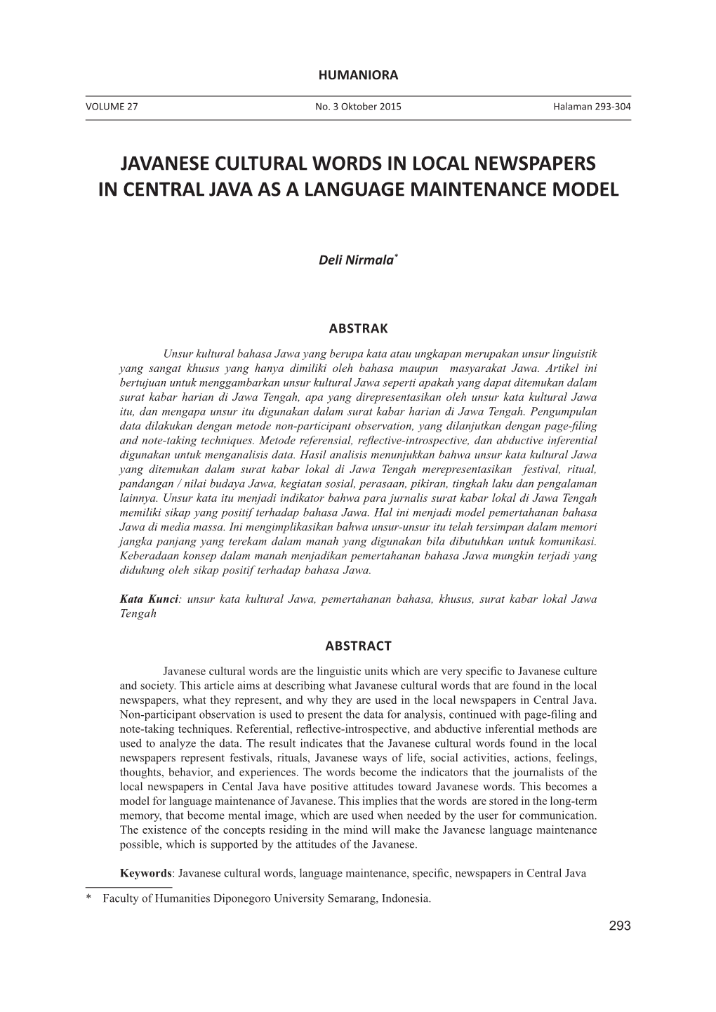 Javanese Cultural Words in Local Newspapers in Central Java As a Language Maintenance Model