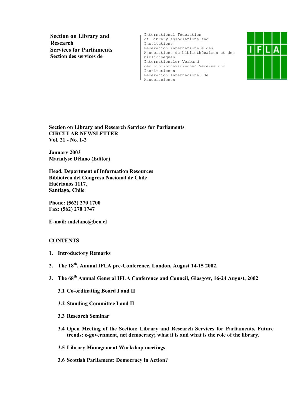 Section on Library and Research Services for Parliaments CIRCULAR NEWSLETTER Vol