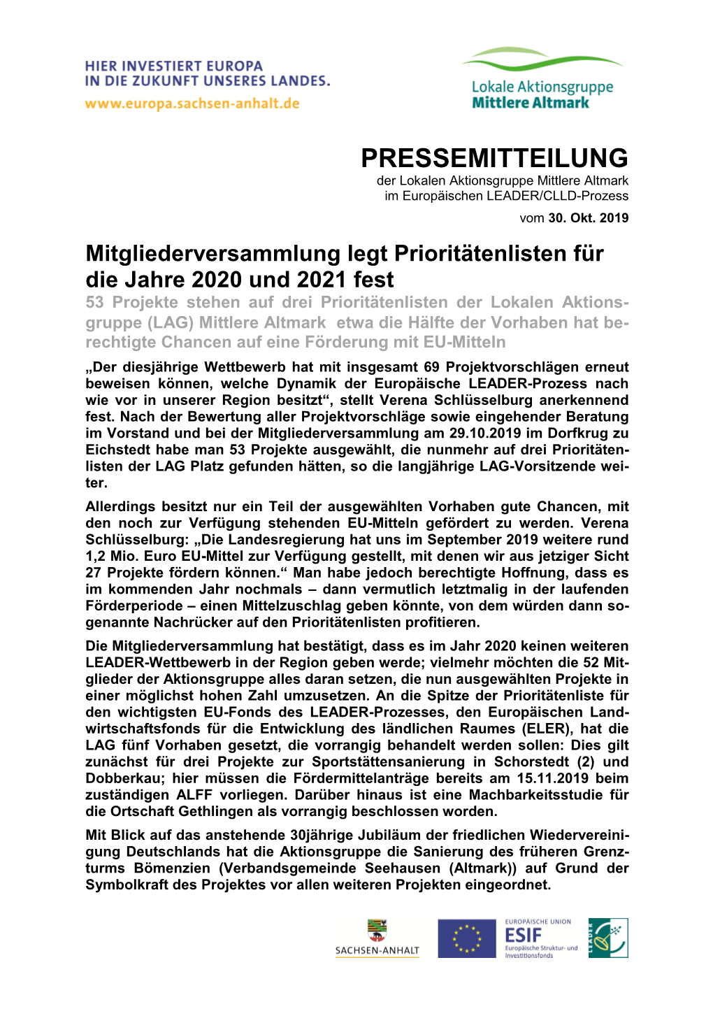 PRESSEMITTEILUNG Der Lokalen Aktionsgruppe Mittlere Altmark Im Europäischen LEADER/CLLD-Prozess Vom 30