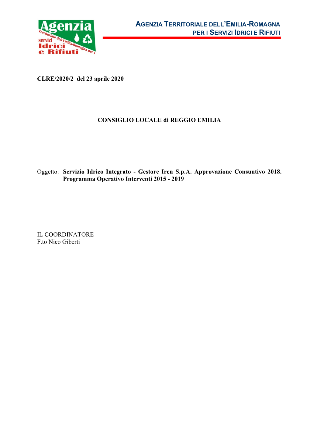 Deliberazione Del Consiglio Locale Di Reggio Emilia N.2 Del 23 Aprile 2020