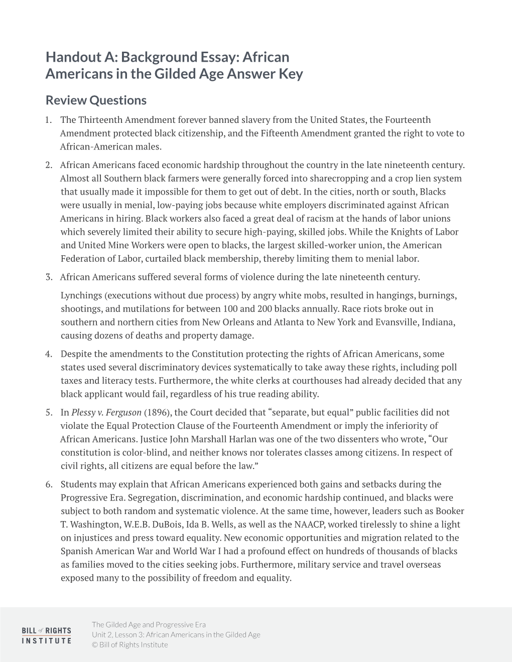 Background Essay: African Americans in the Gilded Age Answer Key