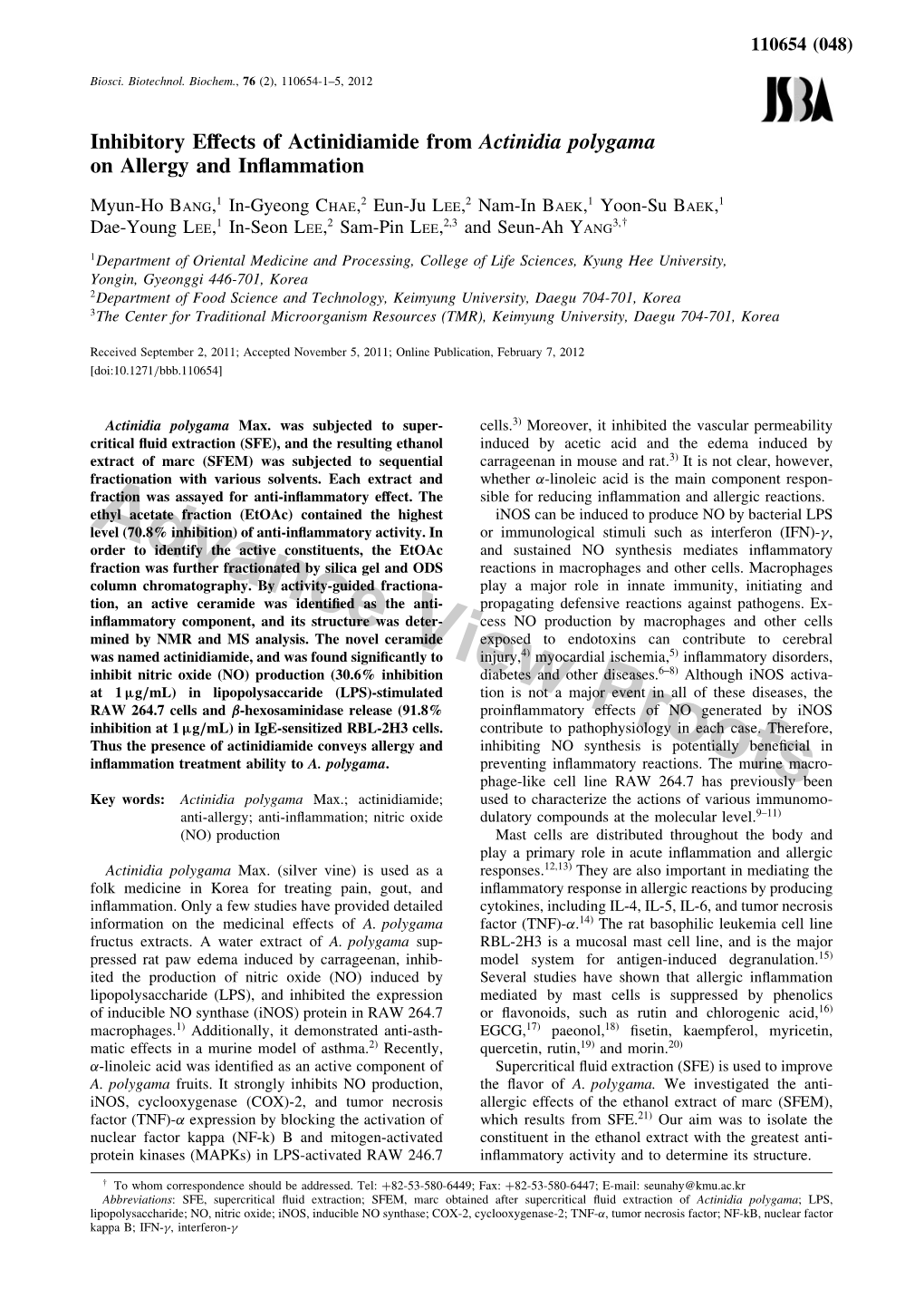 Inhibitory Effects of Actinidiamide from Actinidia Polygama On