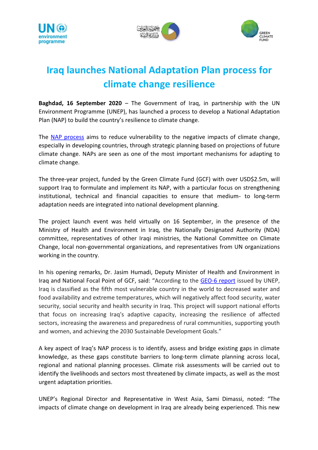 Iraq Launches National Adaptation Plan Process for Climate Change Resilience